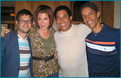 Oscar Nunez and Danny Pudi with hosts Vanessa Ragland and Cole Stratton