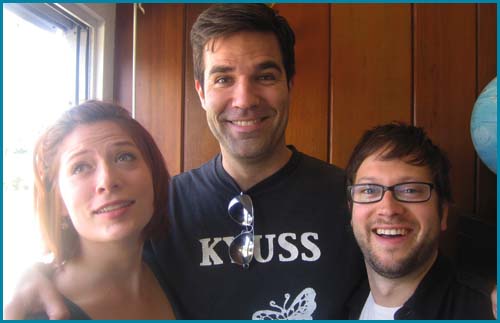 Hosts Vanessa Ragland and Cole Stratton with guest Rob Delaney