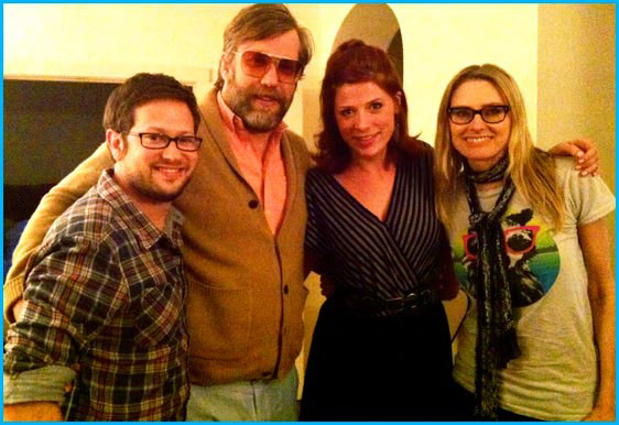 Aimee Mann and John Roderick with hosts Cole Stratton and Vanessa Ragland