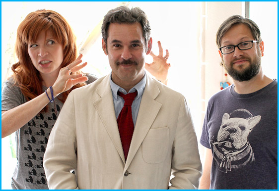 Paul F. Tompkins with hosts Vanessa Ragland and Cole Stratton