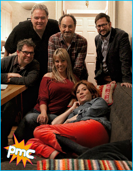 Dana Gould, Jodie Sweetin, Kevin Pollak and Jim O'Heir with hosts Cole Stratton and Vanessa Ragland (on bed rest)