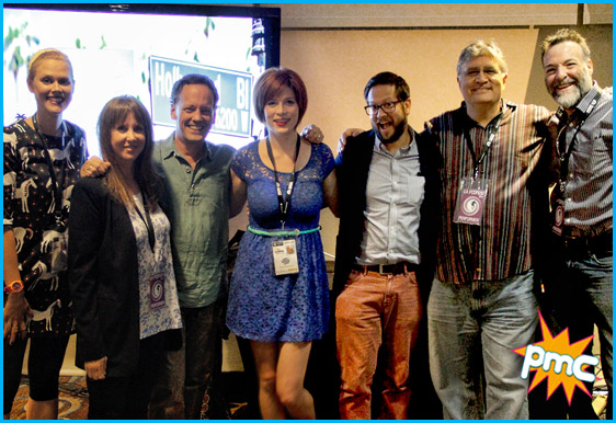 Hosts Cole Stratton and Vanessa Ragland with  Dee Bradley Baker, Richard Morvitz, Laraine Newman, Janet Varney and Maurice LaMarche