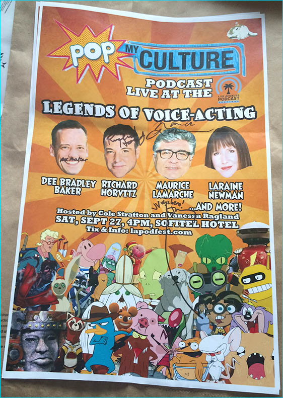 Voice over legends signed poster for Pop My Culture podcast giveaway