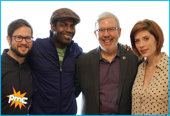 Leonard Maltin and Baron Vaughn with hosts Cole Stratton and Vanessa Ragland